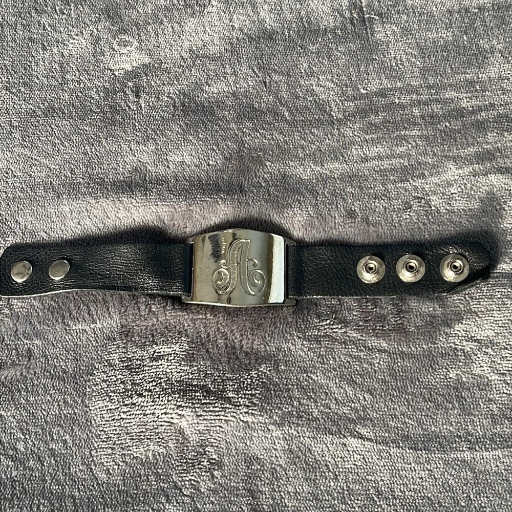 Lisa Stewart Sloane Black Leather Rhodium Initial Adjustable Cuff Bracelet “A”